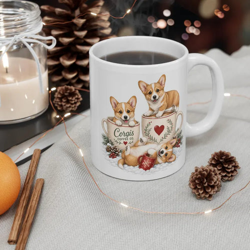 White handled mug featuring three corgis, illustrated coffee cups, a red heart, and festive winter accents.