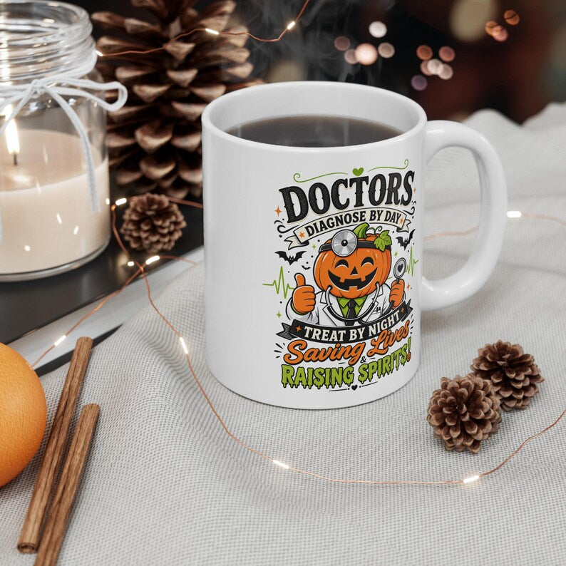 White handled mug with a colorful pumpkin doctor Halloween design.