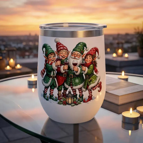 White stemless tumbler with a clear lid and four Christmas elves raising wine glasses.