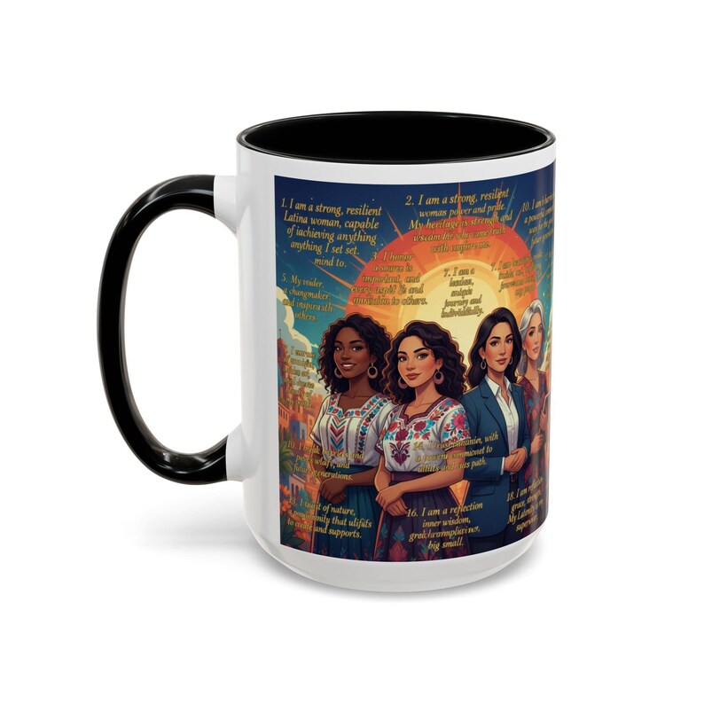 White mug with a black handle and interior, featuring illustrated women and affirmation text on a colorful background.