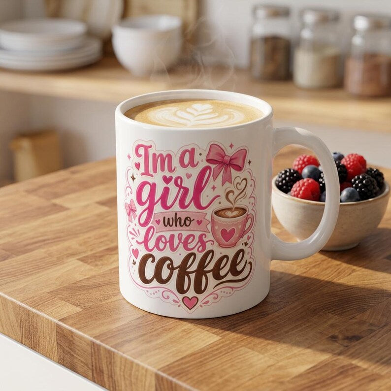 White handled mug with pink and brown I’m a Girl Who Loves Coffee lettering, bows, hearts, and a coffee cup illustration.