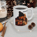 White handled Winter Love mug featuring a couple in winter hats holding festive drinks.