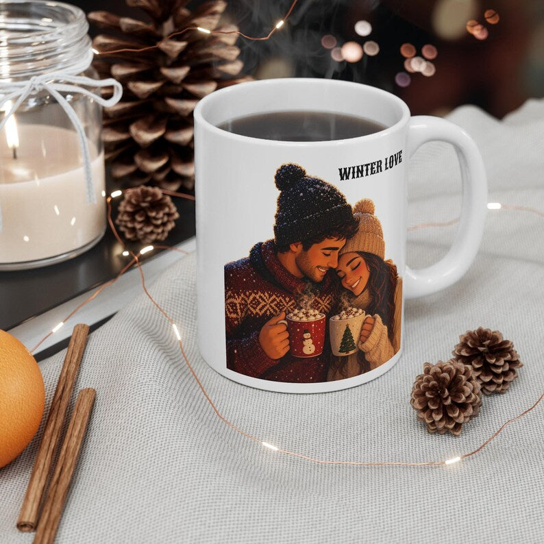 White handled Winter Love mug featuring a couple in winter hats holding festive drinks.