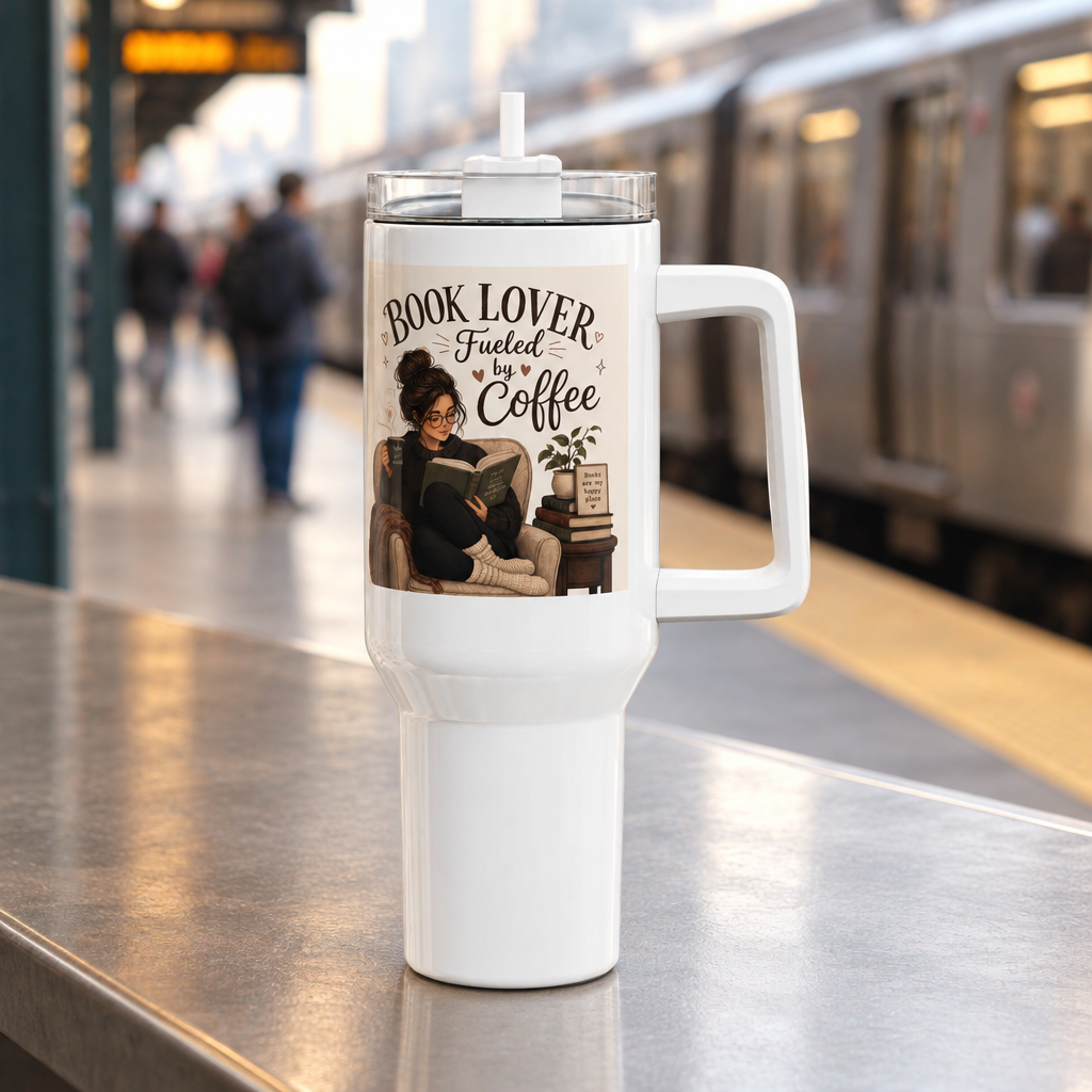 White handled tumbler with lid and straw, a cozy reading illustration, and Book Lover Fueled by Coffee lettering.