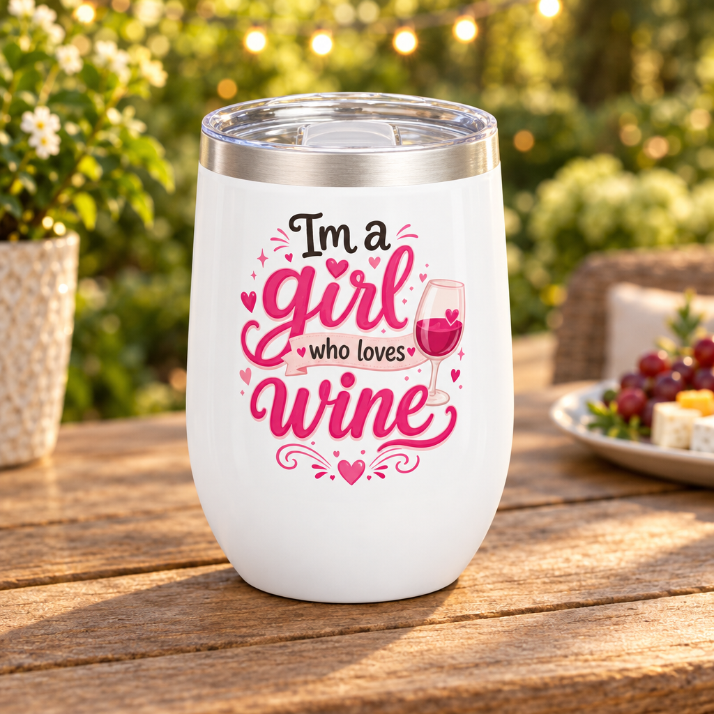 I'm a Girl Who Loves Wine white tumbler on a wooden patio table in warm afternoon light
