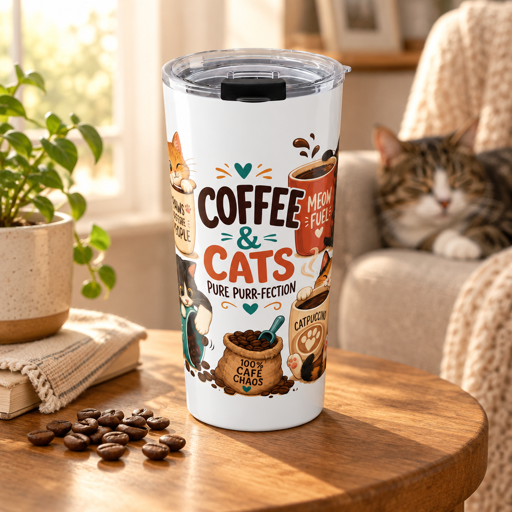 Coffee and Cats Tumbler on a wooden table in a cozy sunlit coffee nook with a cat softly blurred in the background