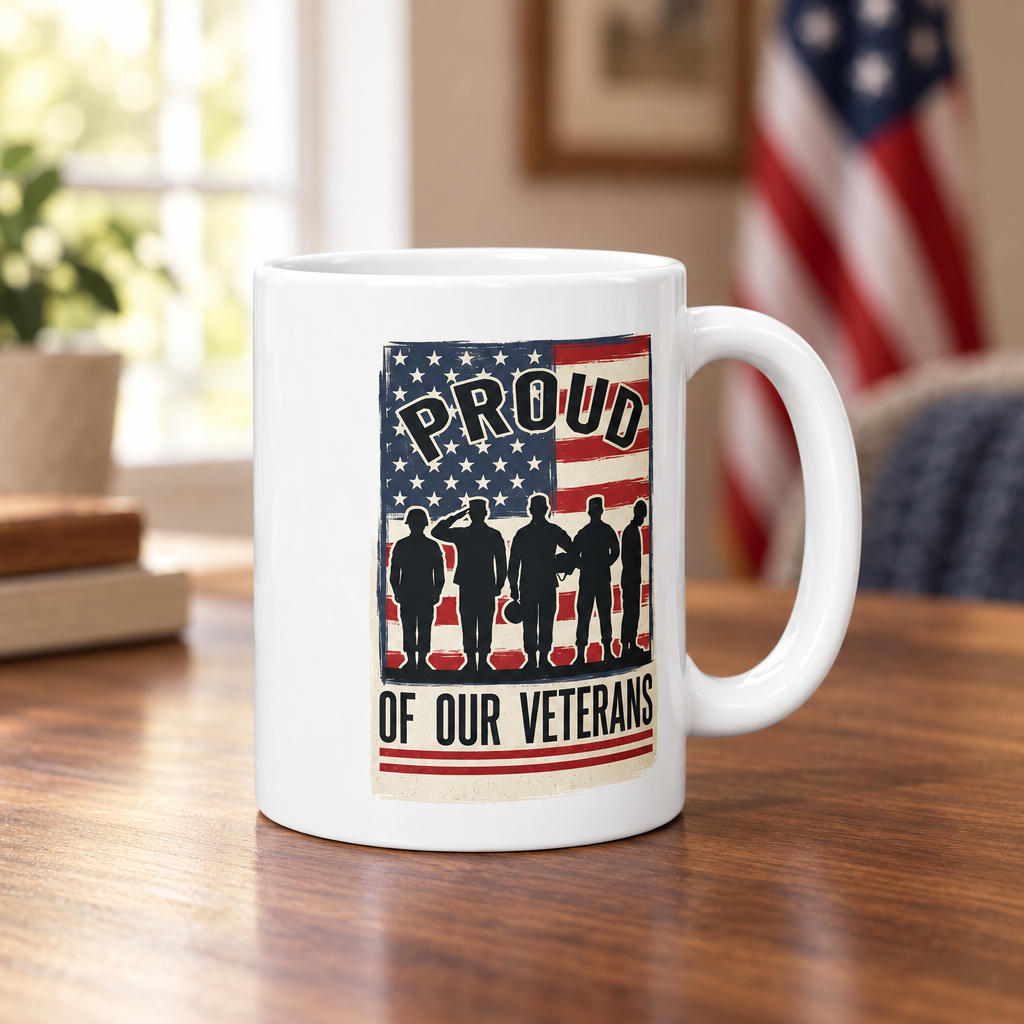 Proud of Our Veterans white mug on a warm wooden table with a softly blurred American flag in the background