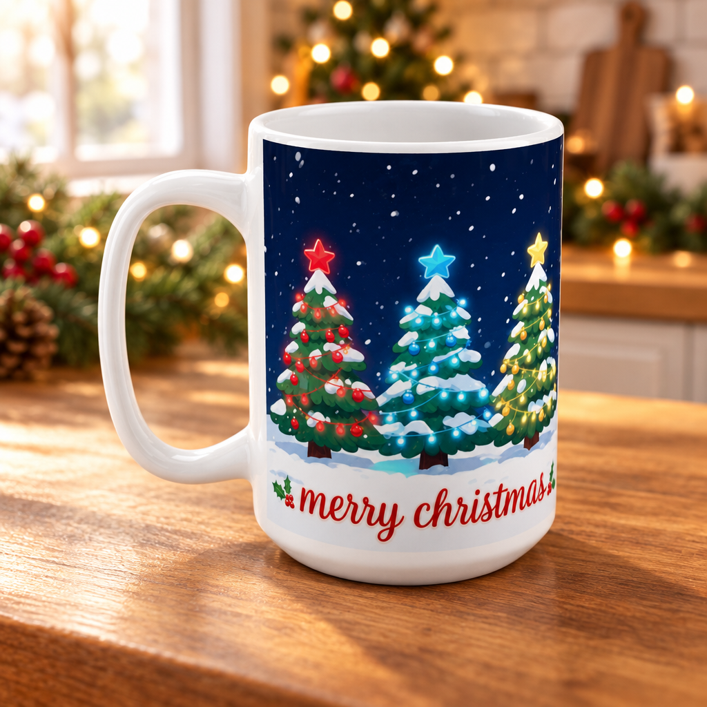 Merry Christmas Tree Trio Mug on a wooden kitchen counter with softly blurred Christmas lights