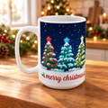 Merry Christmas Tree Trio Mug on a wooden kitchen counter with softly blurred Christmas lights