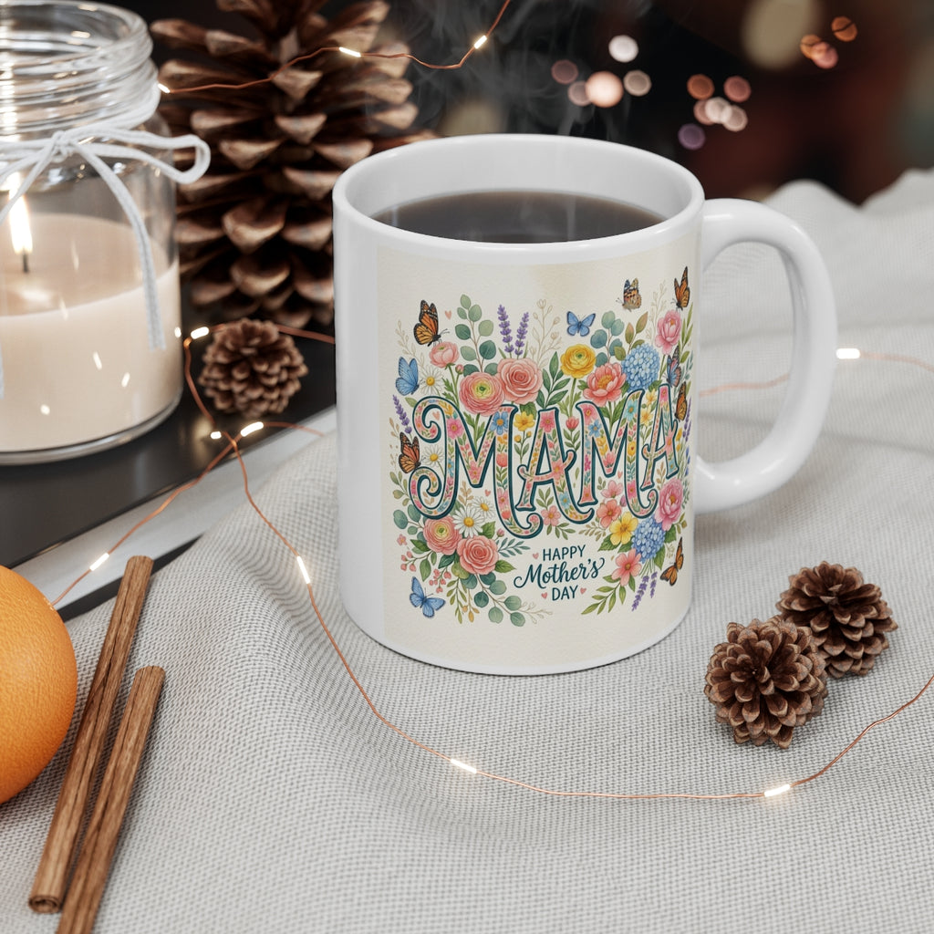 White mug featuring floral MAMA lettering, butterflies, and a Happy Mother’s Day message